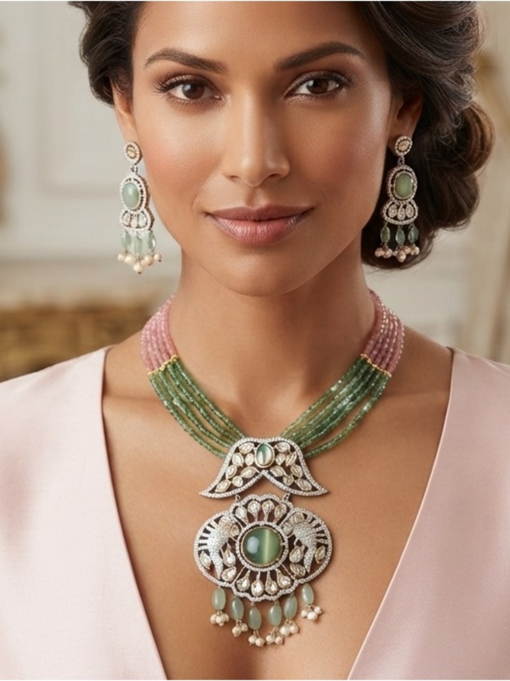 Pink and Green Beaded Statement Necklace with Silver-Tone Pendant